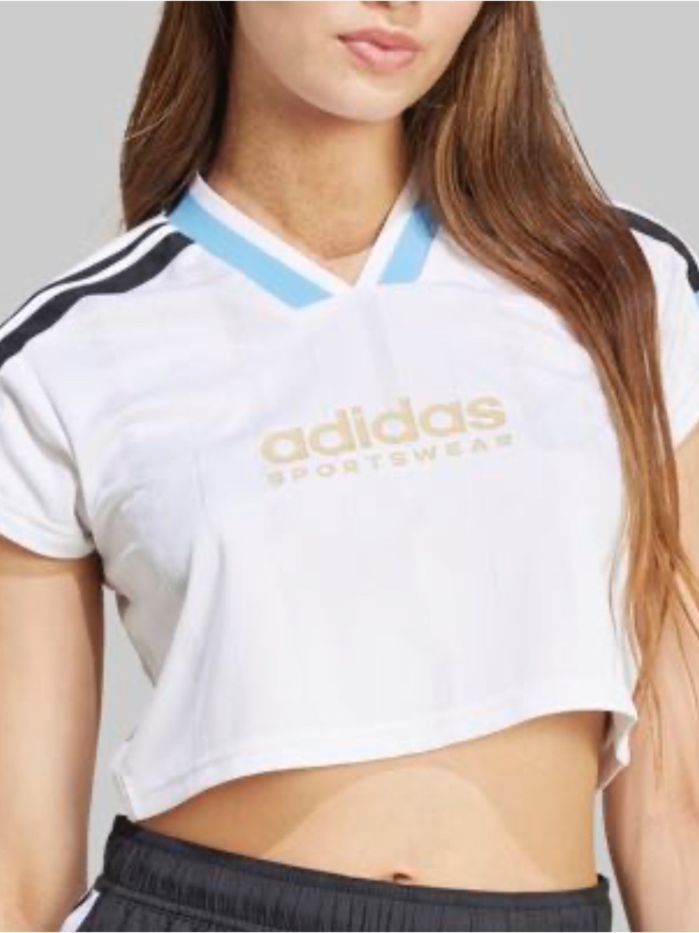 adidas White Crop Tee with Light Blue V‑Neck and Black Stripes